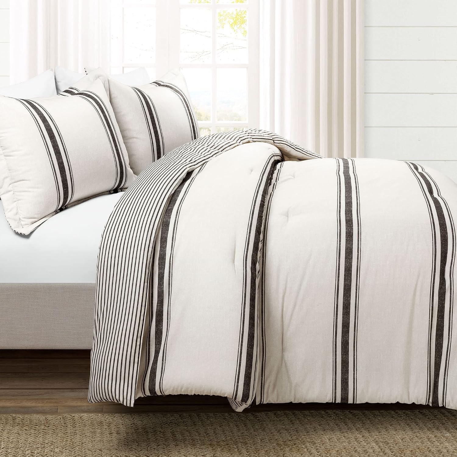 Lush Decor Farmhouse Stripe Reversible Cotton Comforter Set, 3 Piece Set, Full/ Queen, Black - Cozy Farmhouse Bedding Set - Rustic Decor - Striped Comforter - Modern Farmhouse Bedroom Decor