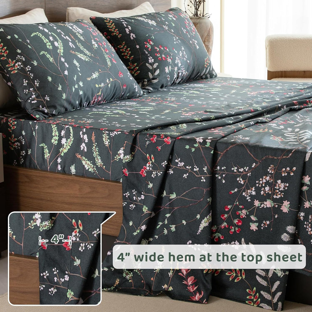 QSH Floral Egyptian Cotton Sheets King Size - Navy Floral Bedding Sheets Botanical Pattern Printed Bedding King Size Bed Sheets 17.5' Extra Deep Pocket 4pcs