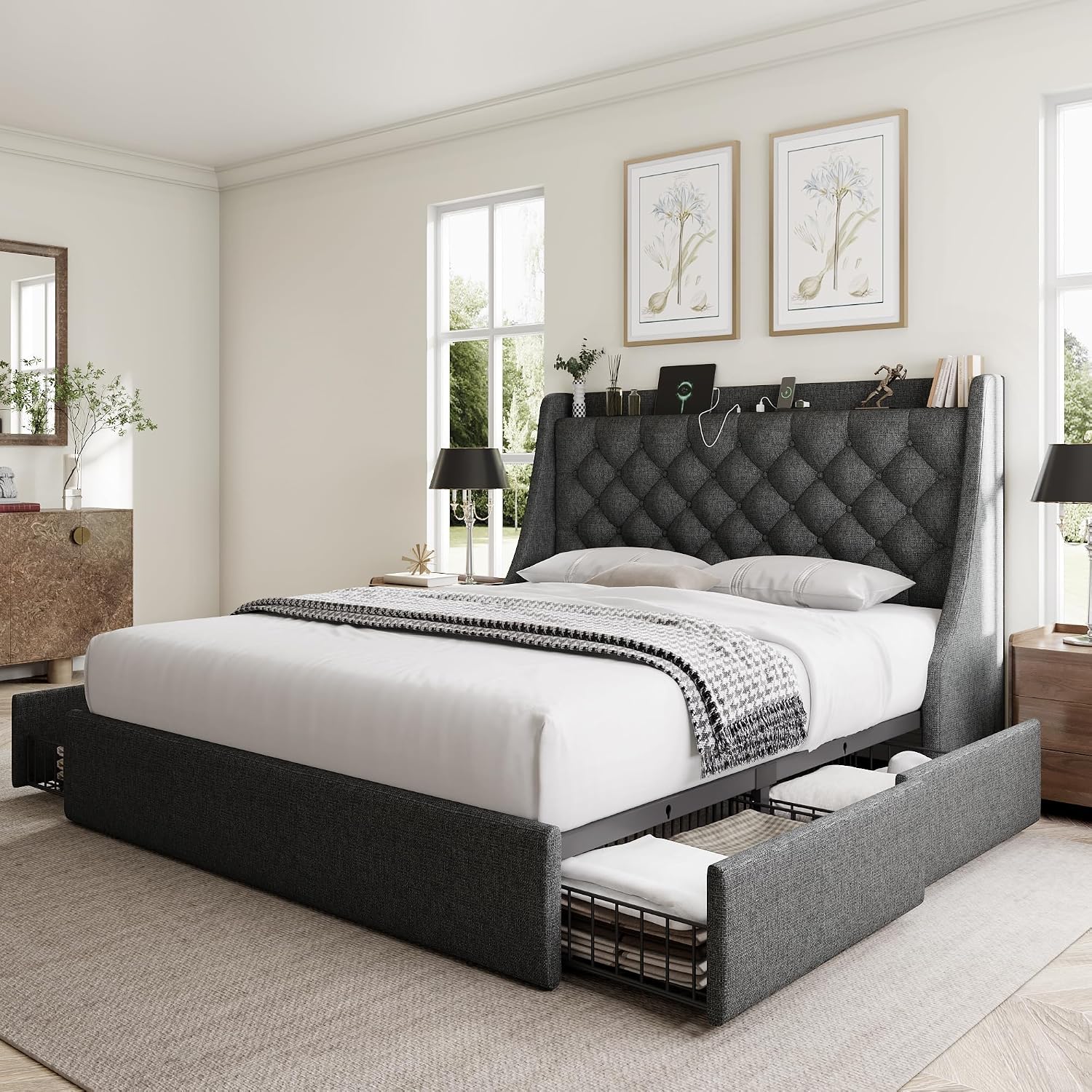GalnFu Queen Bed Frame with 4 Storage Drawers, Giant Upholstered Wingback Headboard, Fast Charging Station, No Box Spring Needed, Noise-Free, Dark Gray