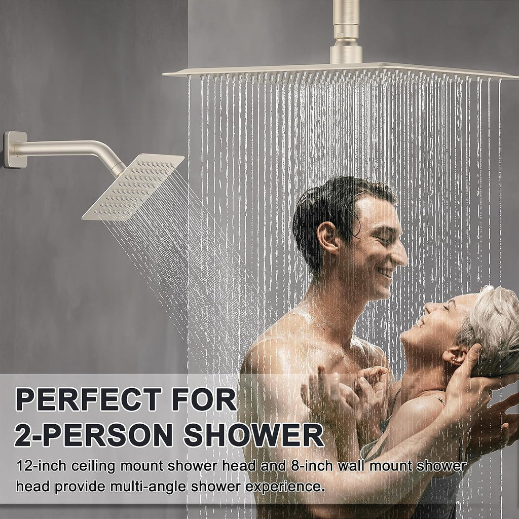 Iriber Thermostatic Shower System with Adjustable Water Flow Push Button Diverter, Square Dual Shower Heads Faucet Set with Handheld Spray, Brushed Nickel Shower Mixer Valve Trim Kit (Valve Included)