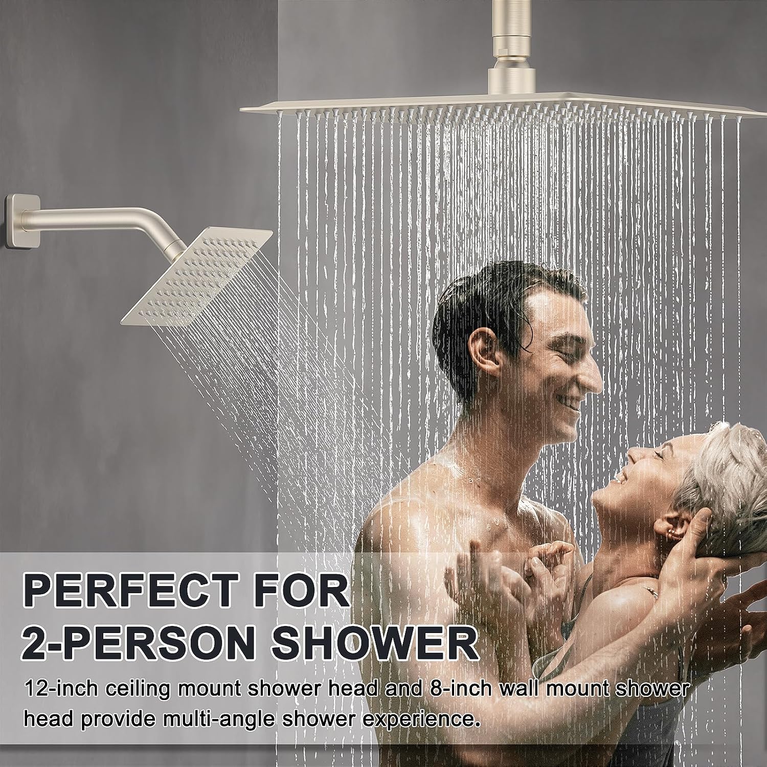 Iriber Thermostatic Shower System with Adjustable Water Flow Push Button Diverter, Square Dual Shower Heads Faucet Set with Handheld Spray, Brushed Nickel Shower Mixer Valve Trim Kit (Valve Included)