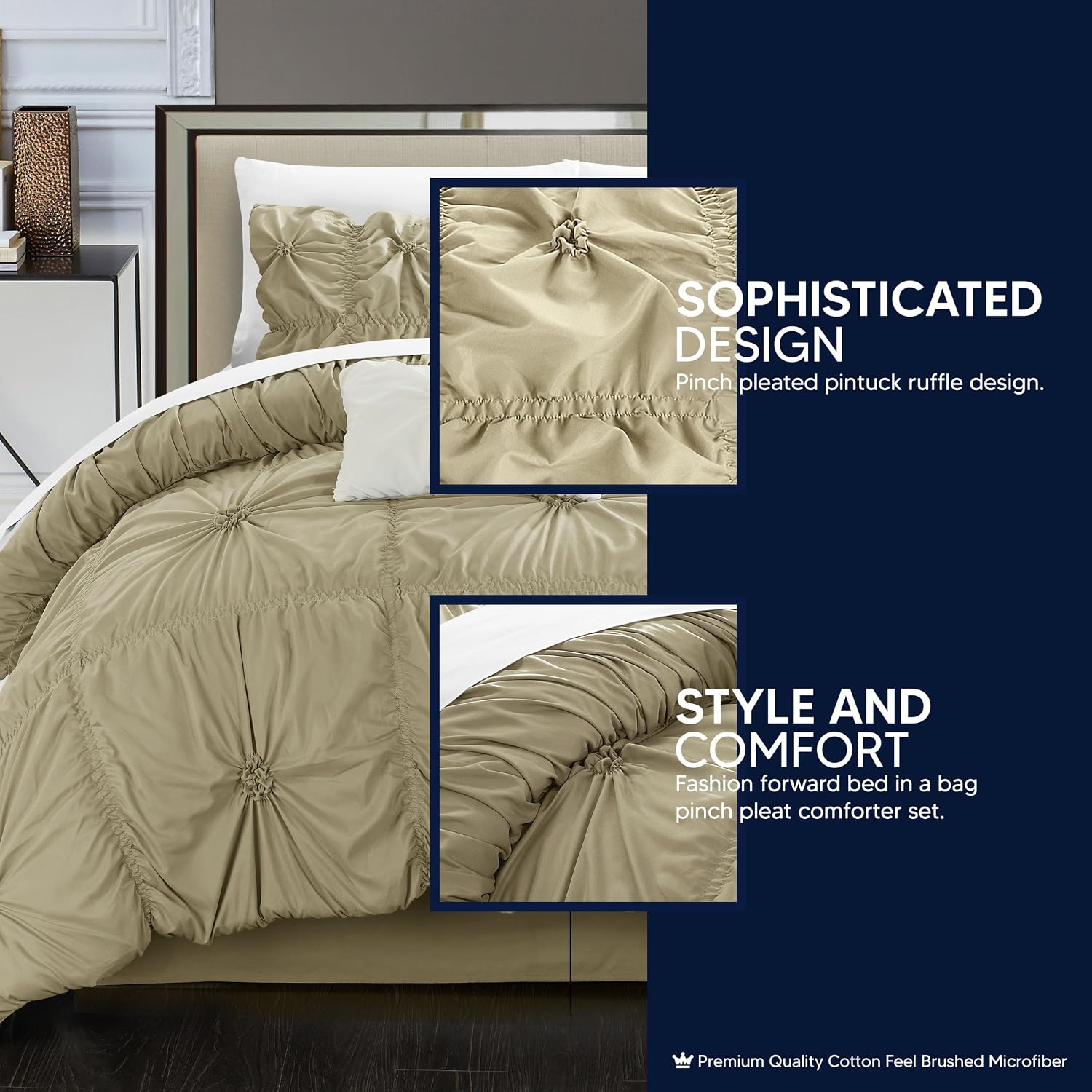 Chic Home Taupe Bed in a Bag Comforter Set, King Size (6 Piece), Halpert - Pintuck Pinch Pleat Microfiber Bedding - Shams, Bed Skirt, Flat & Fitted Sheet, Pillowcases, Breakfast & Decorative Pillow