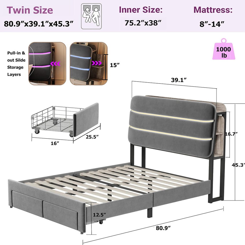 Ailisite Twin Size Bed Frame with Drawer and Ergonomic Storage Headboard,Slide Out Headboard Storage,Twin Bed with Charging Station & LED Lights,Wood Slats Support, No Box Spring Needed,Grey