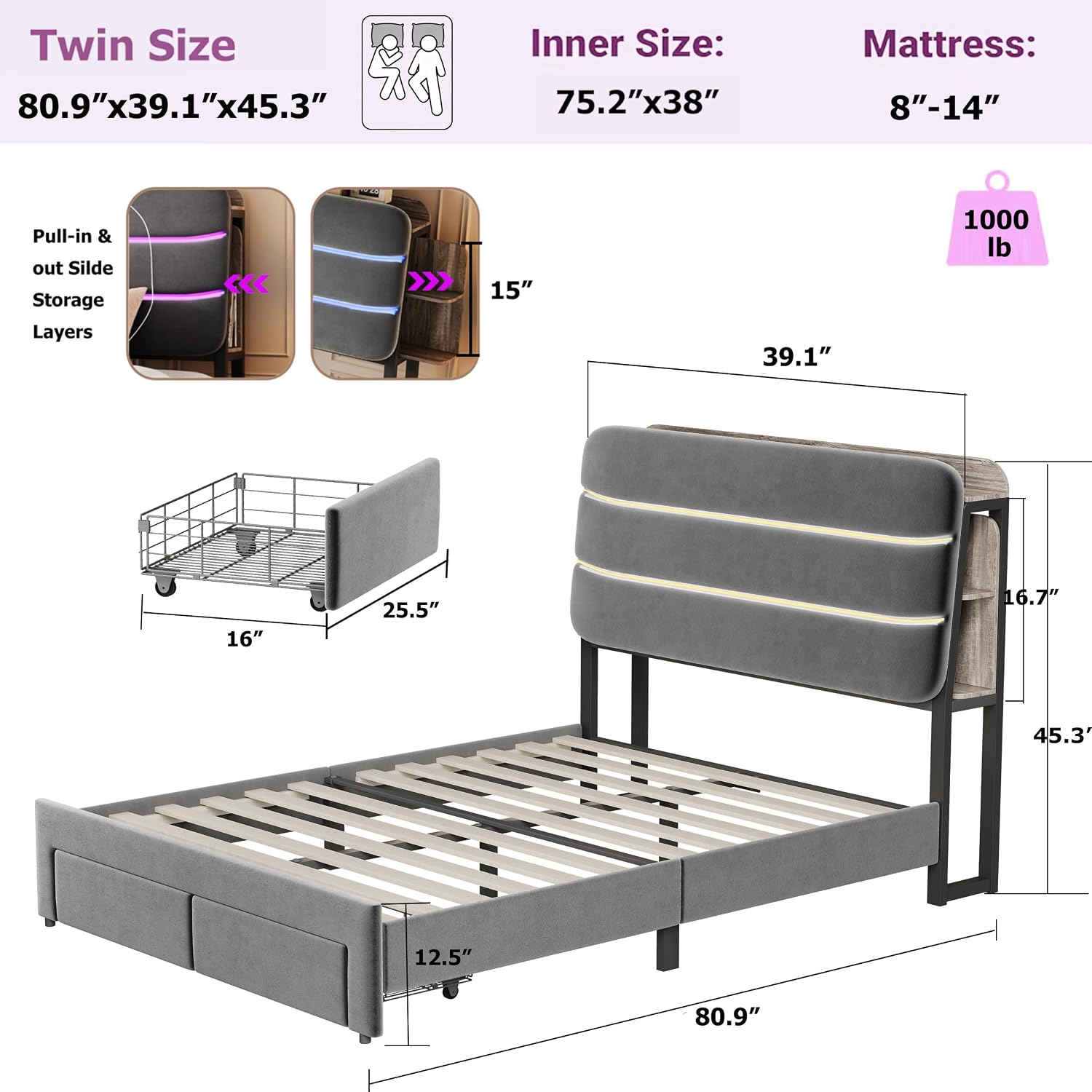 Ailisite Twin Size Bed Frame with Drawer and Ergonomic Storage Headboard,Slide Out Headboard Storage,Twin Bed with Charging Station & LED Lights,Wood Slats Support, No Box Spring Needed,Grey