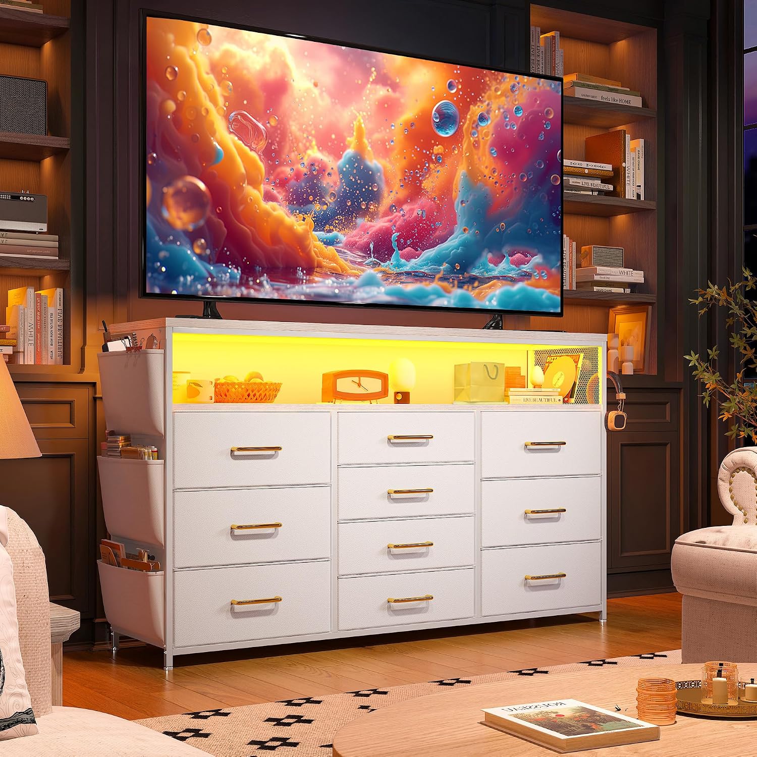 1EnHomee Dresser for Bedroom with 10 Drawers, 55' TV Stands with LED Lights & Power Outlets, Dressers with Shelves & Side Pockets, Hooks for Hallway,White