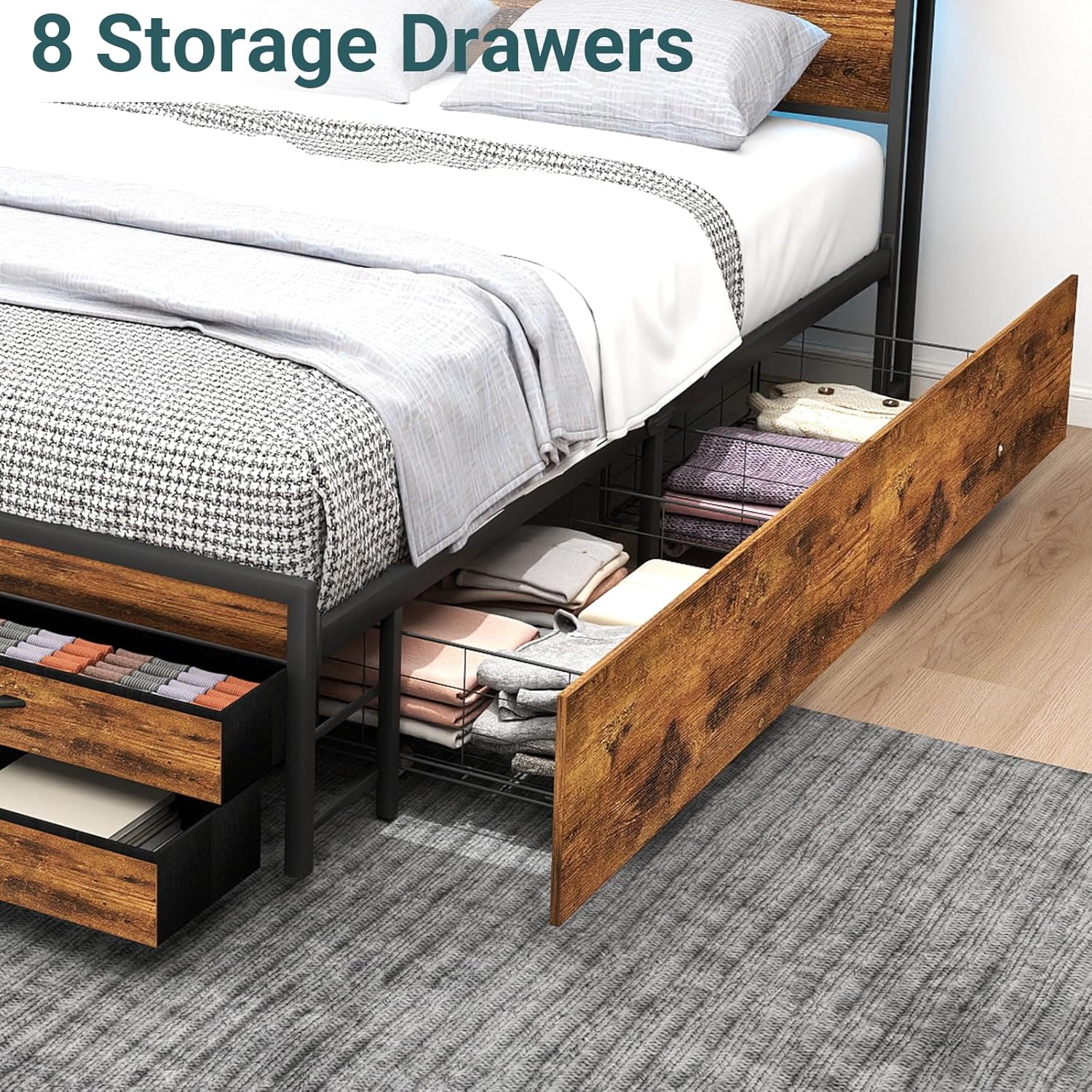 Zevemomo Full Size Bed Frame with 8 Storage Drawers, Full Platform Bed with Headboard, Charging Station, LED Light, Noise-Free Design, No Box Spring Required, Brown