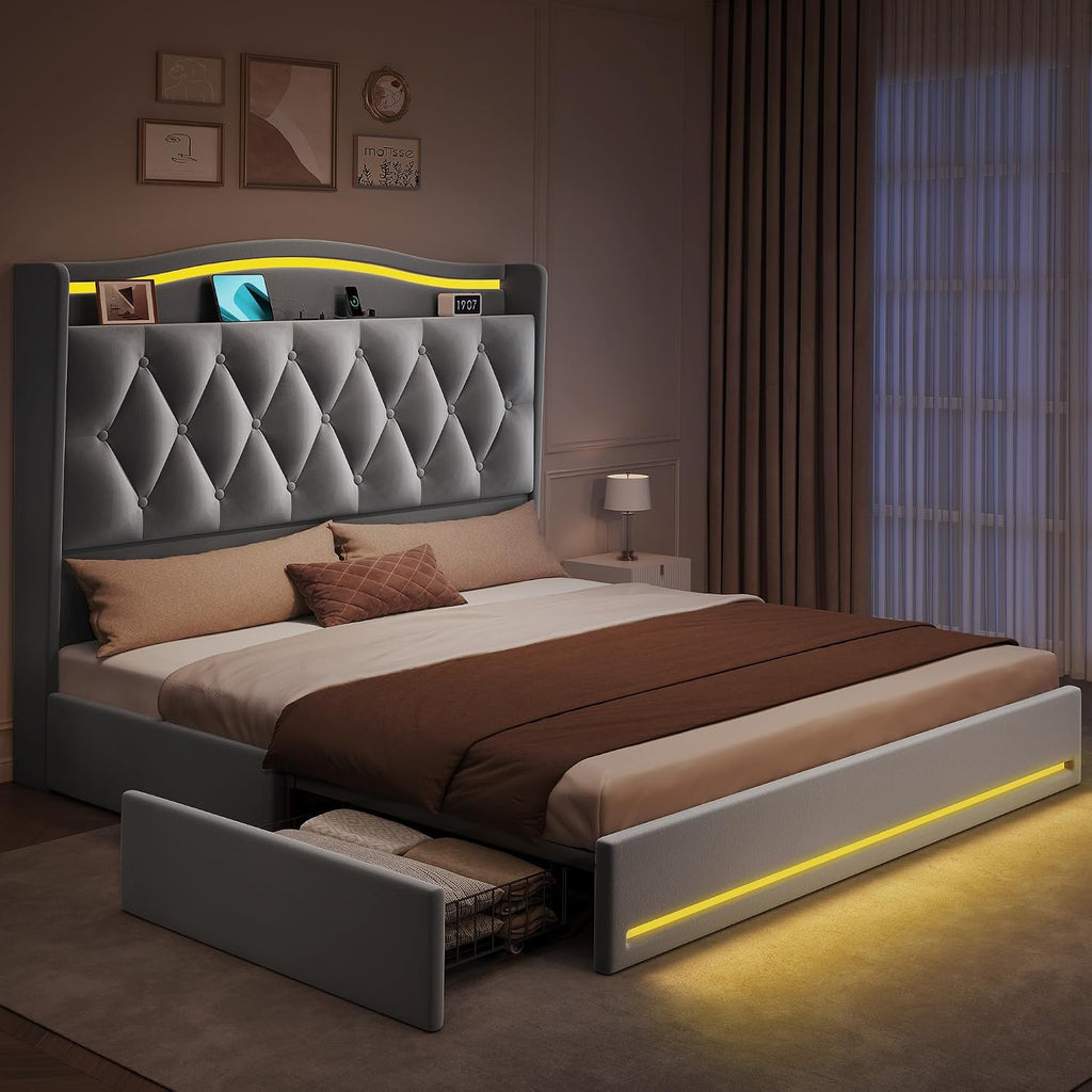 YITAHOME Queen Size Bed Frame with 4 Storage Drawers and RGB LED Lights, 57'' Tall Headboard Velvet Upholstered Bed with Charging Station, No Box Spring Needed, Easy Assembly, Noise-Free, Grey