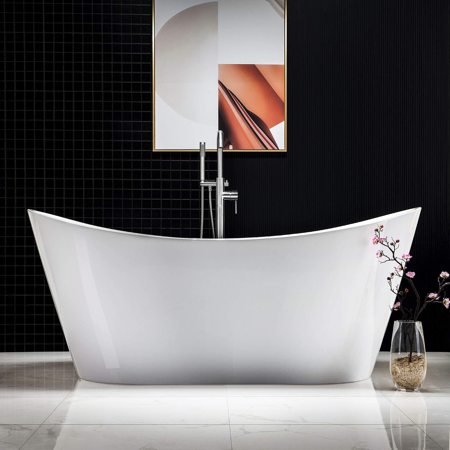 WOODBRIDGE 67' Acrylic Freestanding Bathtub Contemporary Soaking White Tub with Chrome Overflow and Drain，BTA1515-C