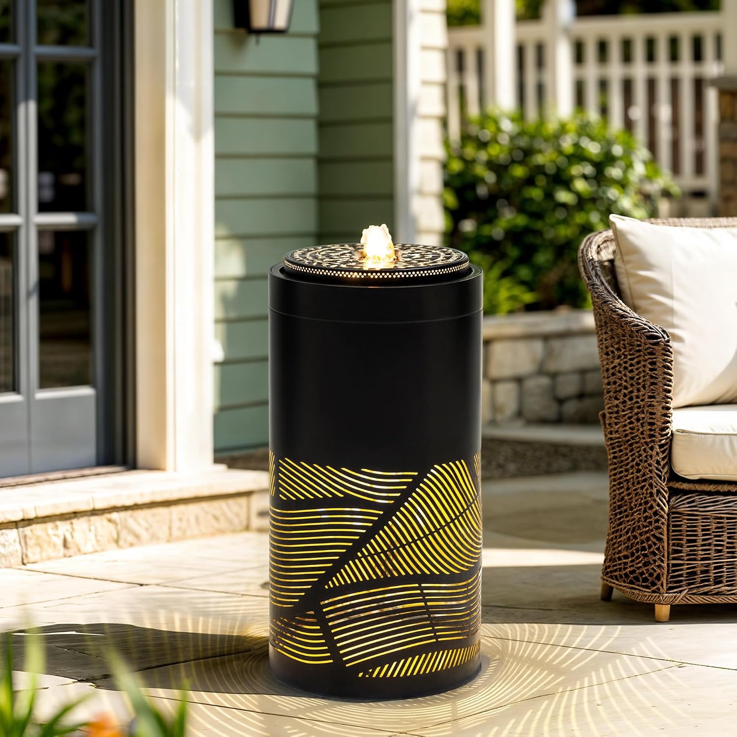 23.75 Inch Modern Outdoor Water Fountain with LED Lights, Black Geometric Bird Bath Garden Fountain for Patio, Yard, Porch Decor, Soothing Waterfall for Relaxing Ambiance, 23.75' H-Jet Black