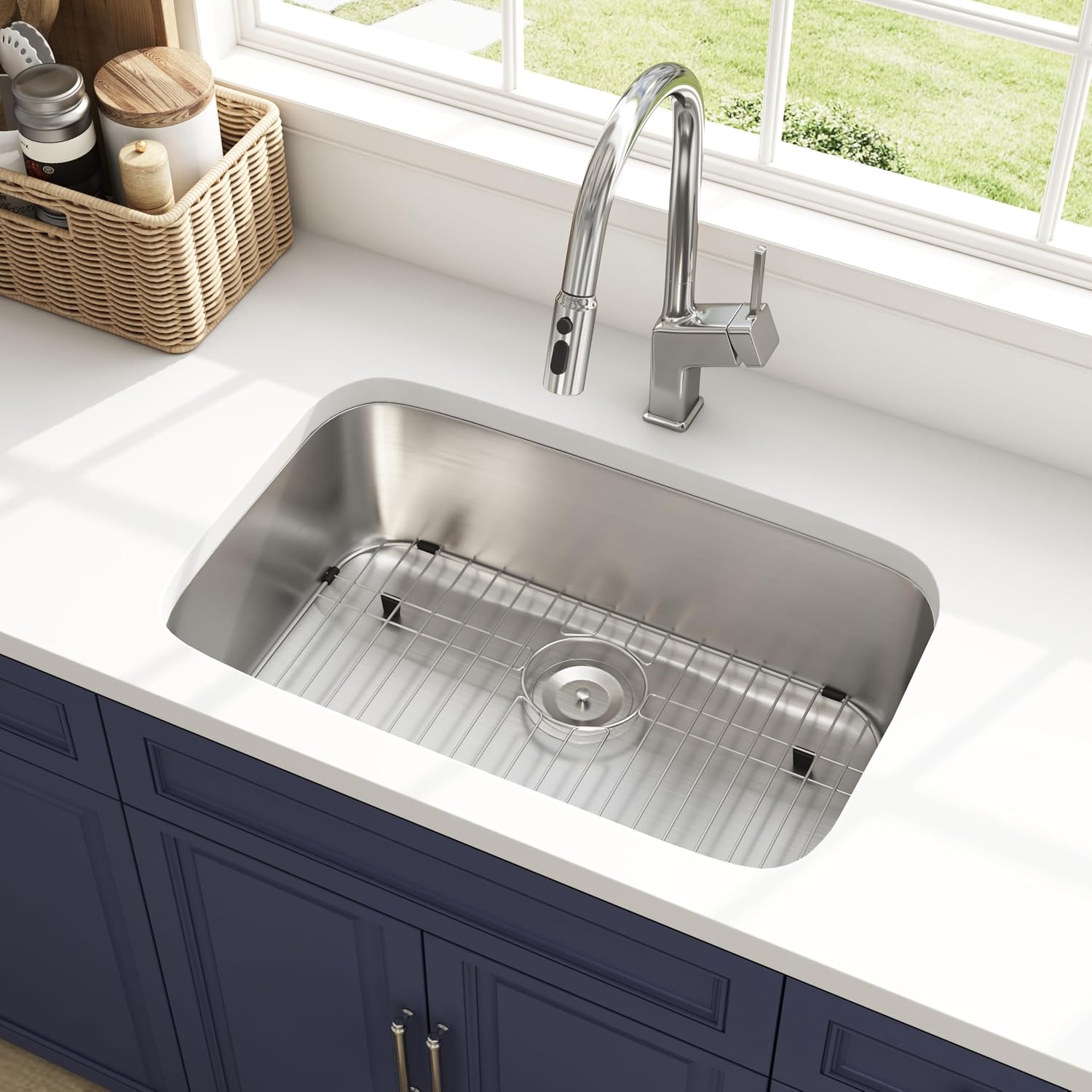 30 Inch Undermount Kitchen Sink 18 Gauge Stainless Steel Spacious Single Bowl Curved Shape Round Corner Deep Sinks with Basket Strainer and Bottom Grid 30' x 18' x 9'