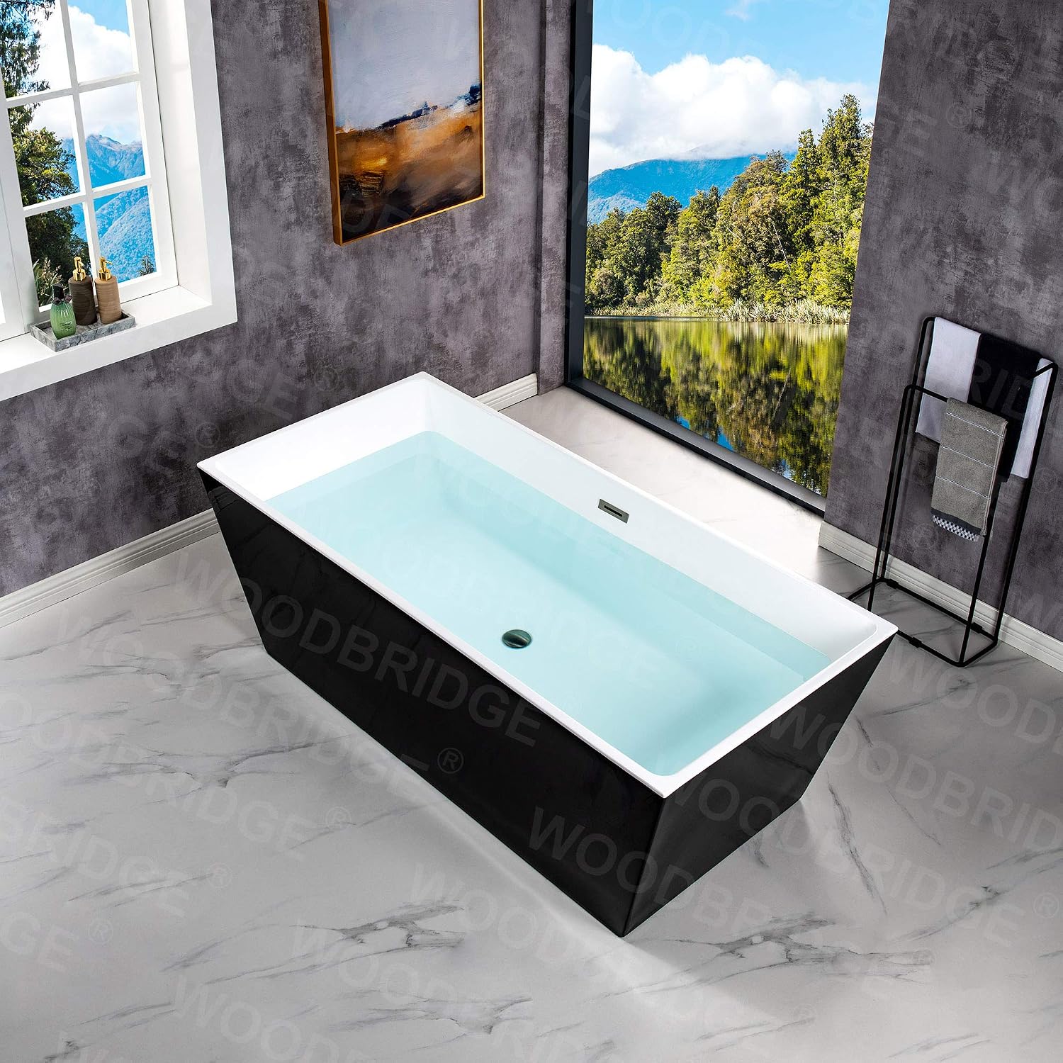 WOODBRIDGE 67' Acrylic Freestanding Bathtub Contemporary Soaking Tub, Black Acrylic (Brushed Nickel Drain/Overflow),B1812 Black -B/N-Drain &O