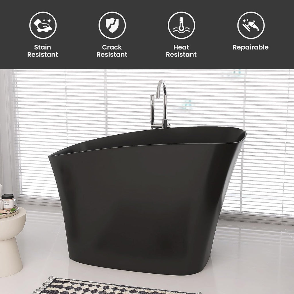 SJ STAR&JANE 51' Solid Surface Japanese Soaking Bathtub Stone Resin Freestanding Tub Deep Soaking Bathtub Sit-In Design with Overflow and Drain in Matte Black