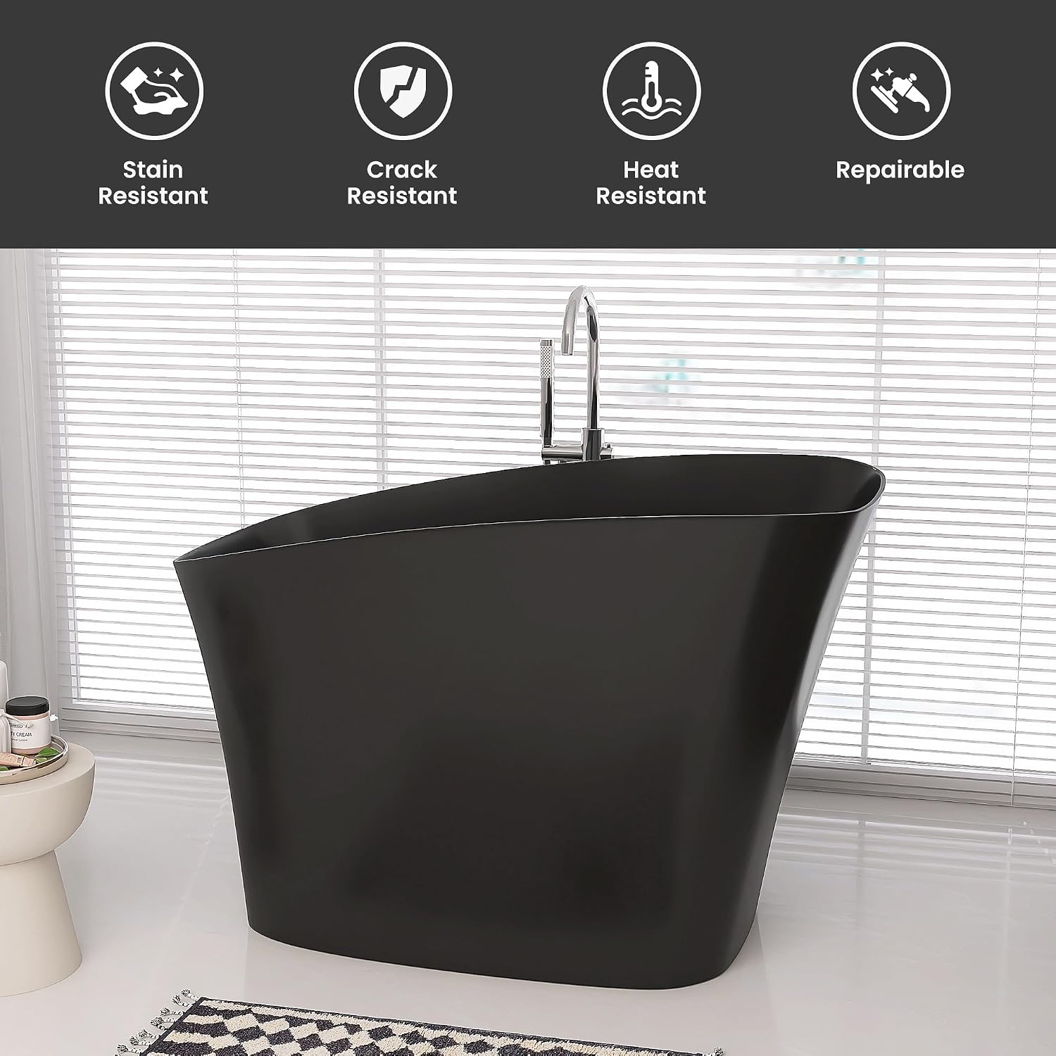 SJ STAR&JANE 51' Solid Surface Japanese Soaking Bathtub Stone Resin Freestanding Tub Deep Soaking Bathtub Sit-In Design with Overflow and Drain in Matte Black