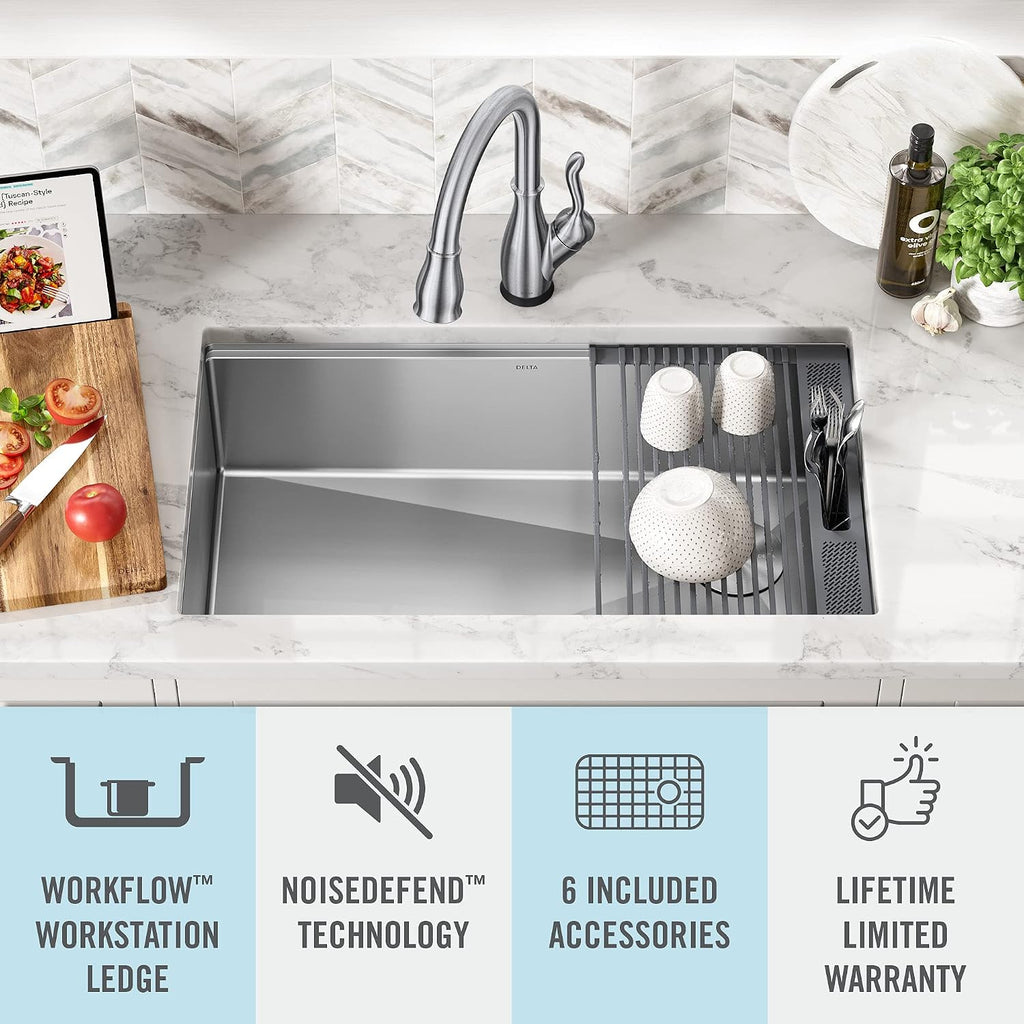DELTA FAUCET 95B932-32S-SS Lorelai Workstation Kitchen Sink Undermount Stainless Steel Single Bowl with InSinkErator Garbage Disposal Power Cord Kit