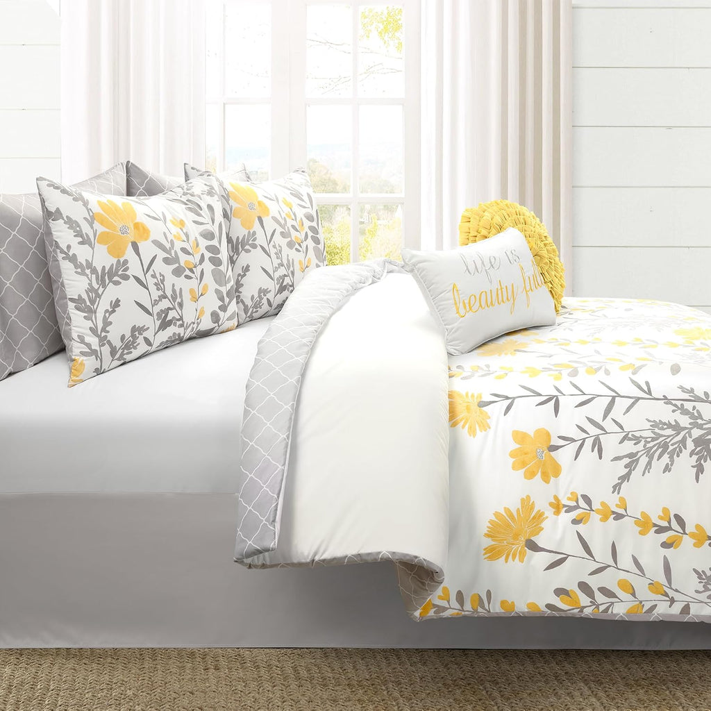 Lush Decor Aprile Soft Reversible Floral Comforter Set, 8 Piece Set, Queen, Yellow & Gray - Floral Bedding Set - Queen Sized Comforter Full - Yellow Bedding - Spring Home Decor - Cottage - Farmhouse