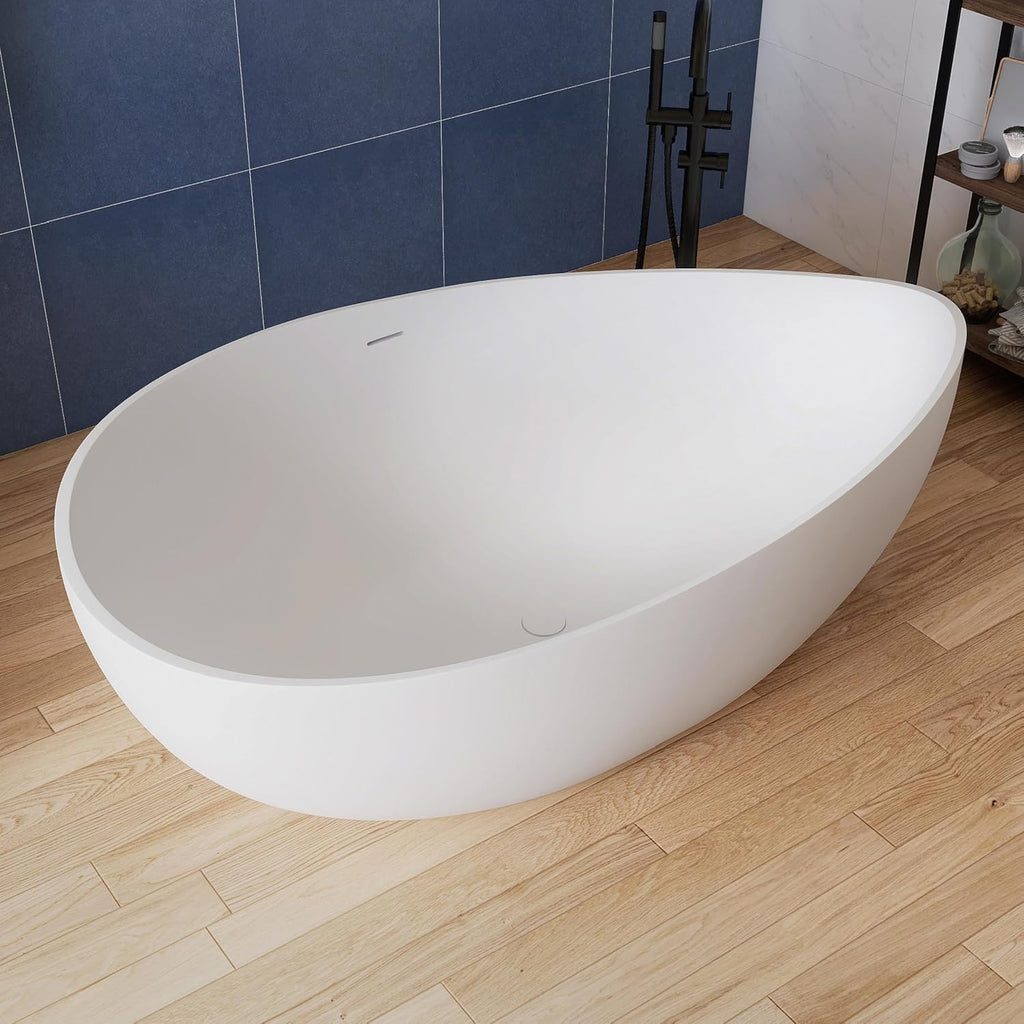 63'' Solid Surface Freestanding Bathtub Matte Soaking Bathtubs Tubs Oval Resin Stone Bathtubs with Overflow and Pop-up Drain - White Free Standing Tub