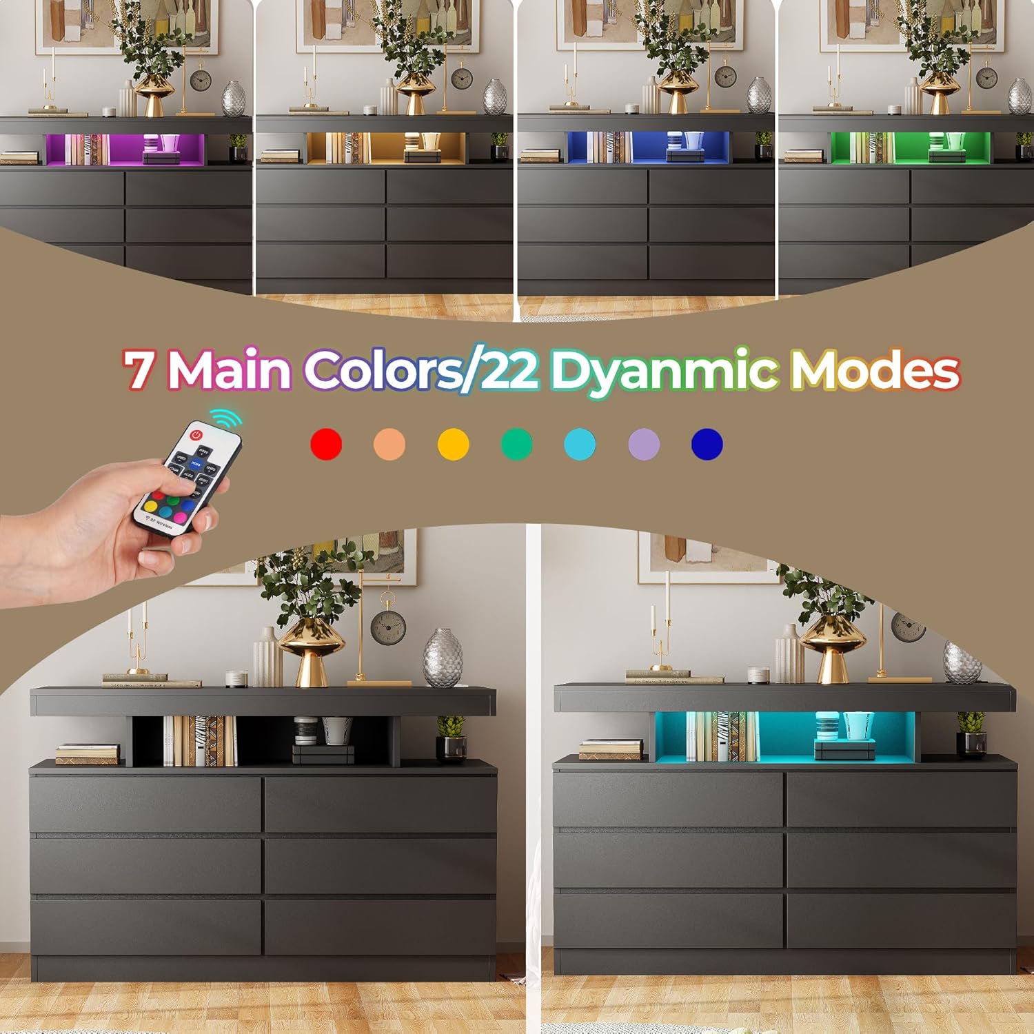 BEWISHOME Black Dresser for Bedroom with Charging Station and LED Lights, 6 Drawer Dresser Chests of Drawers, Wood Dressers for Closet, Modern Wide Dressers with Open Space, TV Stand, Black KCG02B