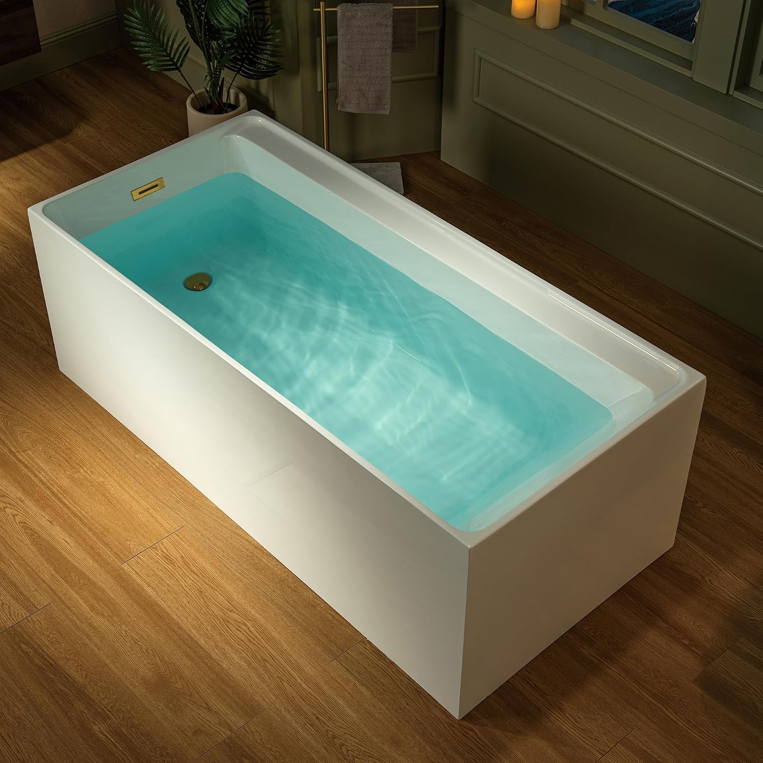 WOODBRIDGE 66-7/8' L x 31-1/2' W Freestanding Contemporary Soaking Bathtub with Brushed Gold Drain & Overflow, White, B6710-BG