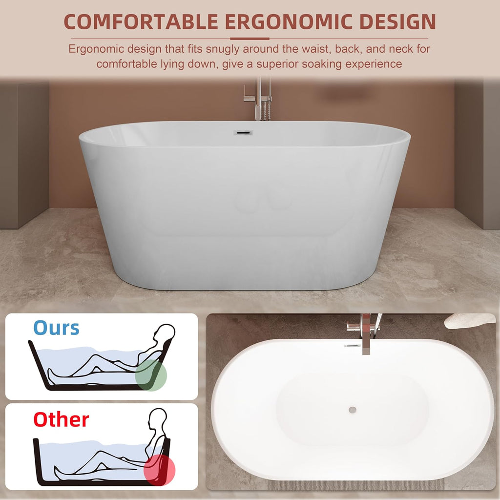 59 inch Freestanding Soaking Bathtub, Modern Stand Alone Free Standing Acrylic Tub with Center Drain & Overflow, Glossy White