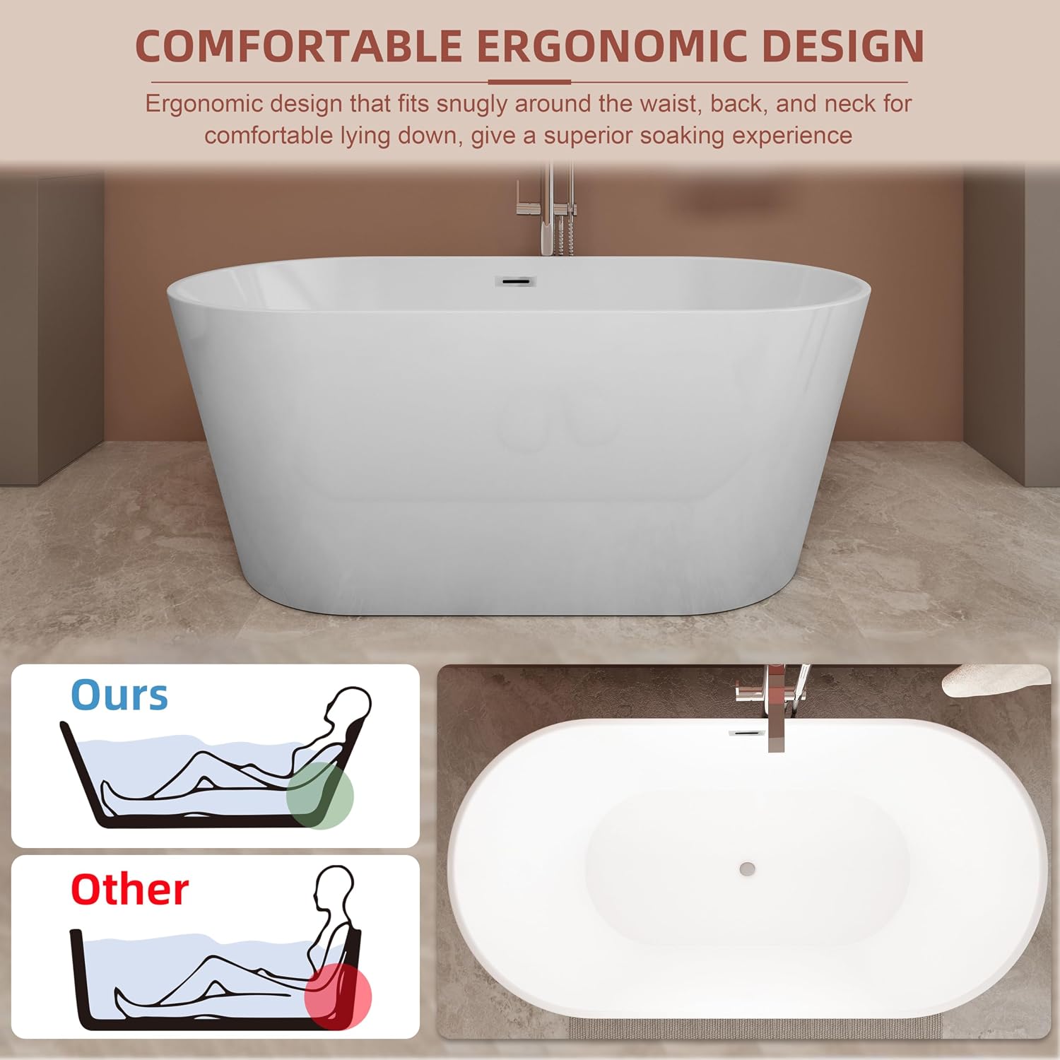 59 inch Freestanding Soaking Bathtub, Modern Stand Alone Free Standing Acrylic Tub with Center Drain & Overflow, Glossy White