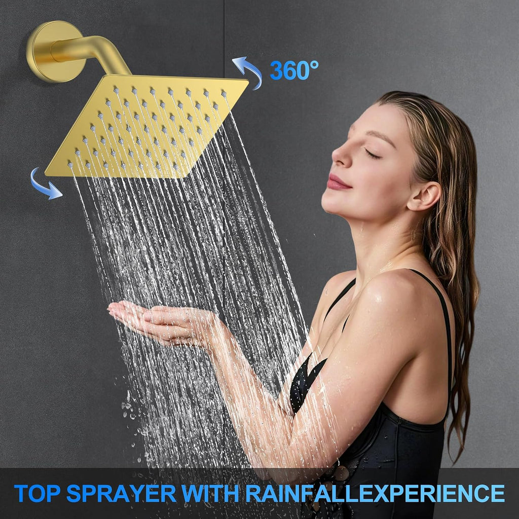Shower Faucet Set, 12' Ceiling Mount Rainfall Shower System with 2 Rain Shower Head and Multi-function Handheld Head Push Button Diverter Shower Faucet Trim Kit (12', Brushed Gold)