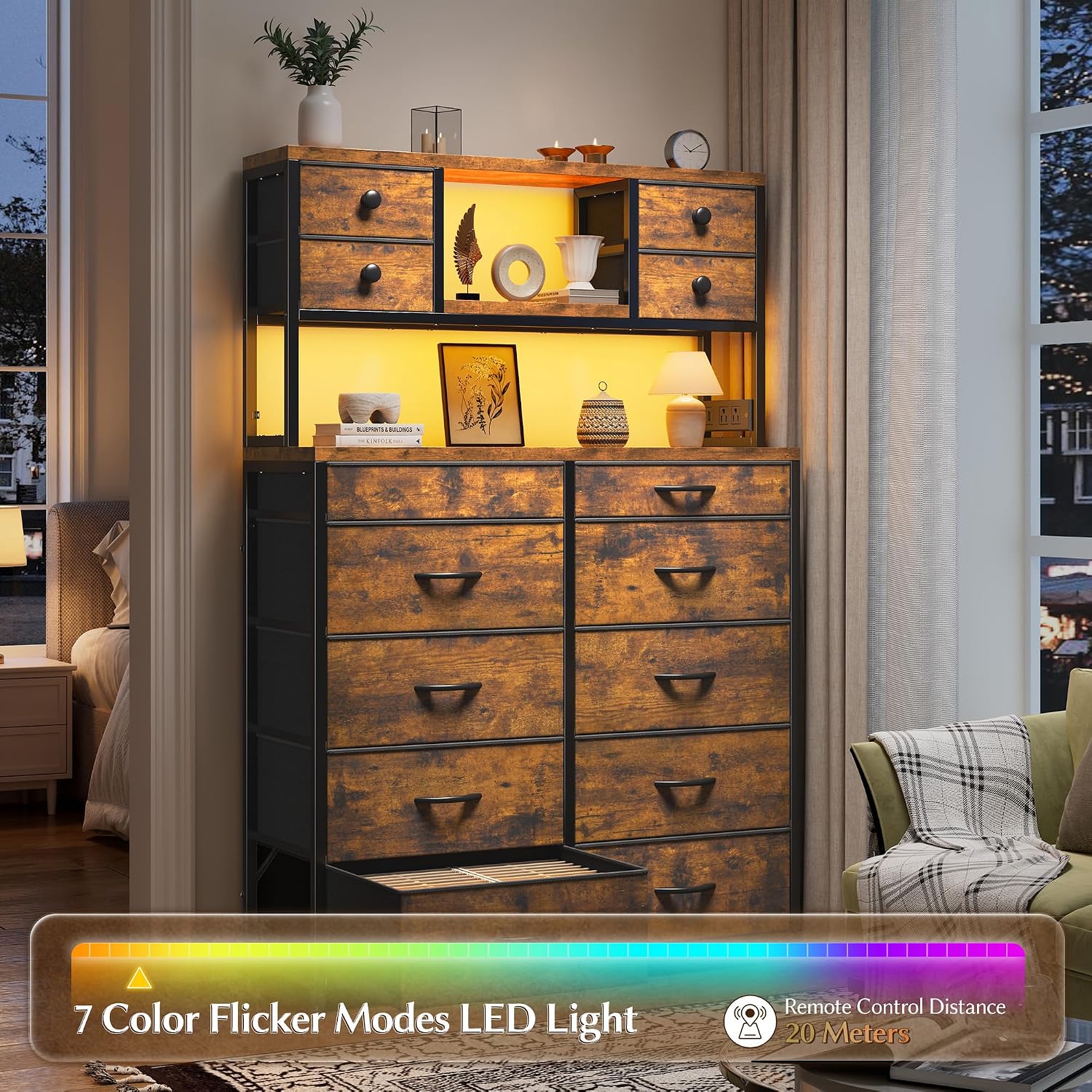 EnHomee 62.8' H Dresser for Bedroom with Multiple Drawers,Fabric Dresser with Charging Station and LED Lights,Dressers & Chests of Drawers for Bedroom, Steel Frame & Wooden Top,Rustic Brown