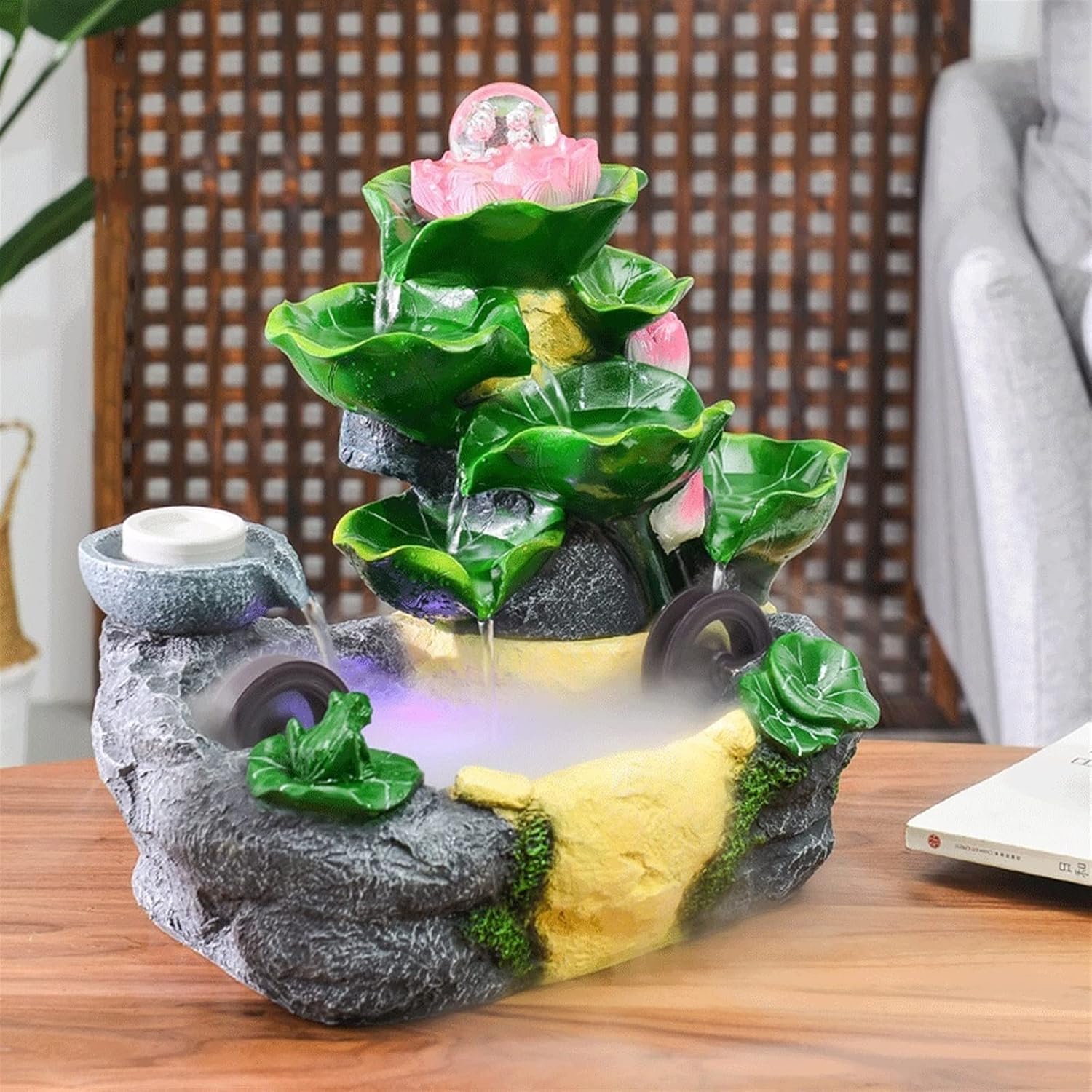 Indoor Water Fountain Tabletop Fountains Lotus Desktop Feng Shui Wheel Rockery Water Fountain Fish Pond Living Room Fish Tank Desktop Decoration Bonsai with Atomizer Meditation Fountain
