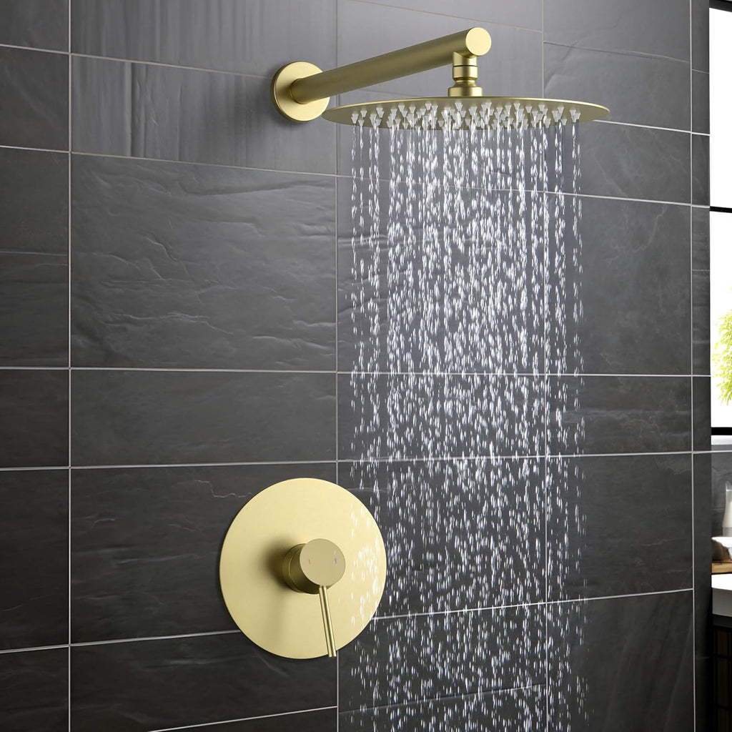 KIBI Rain Shower System with Valve, Wall Mounted Single Function Bathroom Shower Faucet Set – Solid Brass Pressure Balanced Shower Trim Kit with Round Rainfall Shower Head, Brushed Gold (KSF407BG)