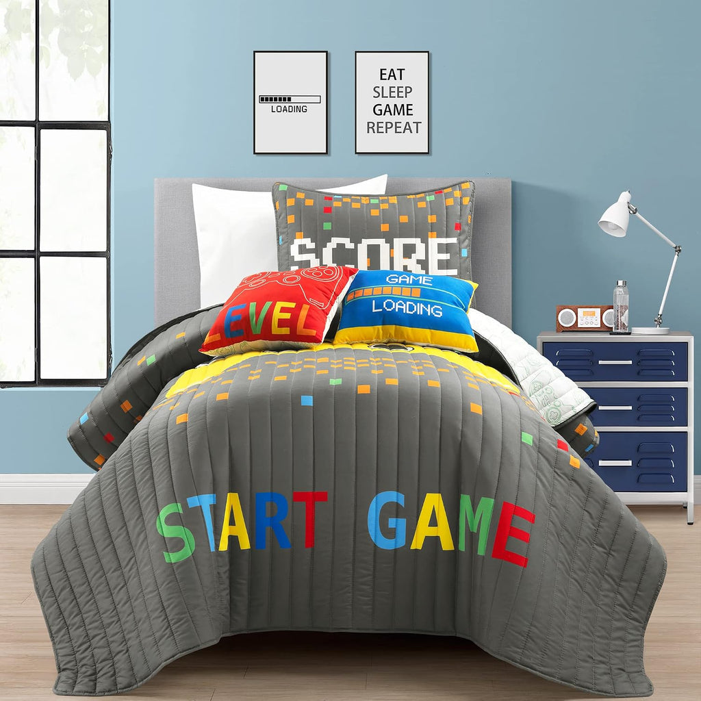 Lush Decor Video Games Reversible Quilt Twin Size 4 Piece Set Gray & Yellow - Toddler Bedding Set Twin Quilt - Kids Bedroom Decor