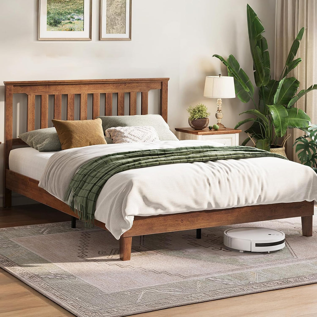 LINSY Wood Bed Frame, Full Bed Frame Solid Wood Platform Frames with Headboard and Slat Bases, Wooden Bedframe No Box Spring Needed, Easy Assembly, Walnut