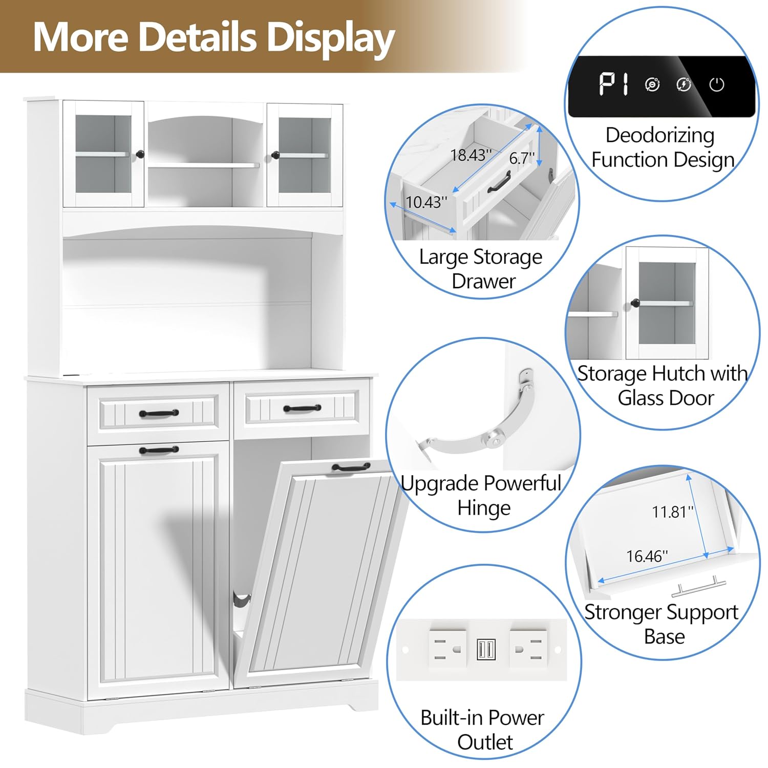 Double 13 Gallon Tilt Out Trash Can Cabinet with Deodorizing Function and Power Outlet, 71' Tall Wooden Garbage Can Holder Cabinet with 2 Storage Hutch & 2 Drawers for Kitchen and Dining Room, White