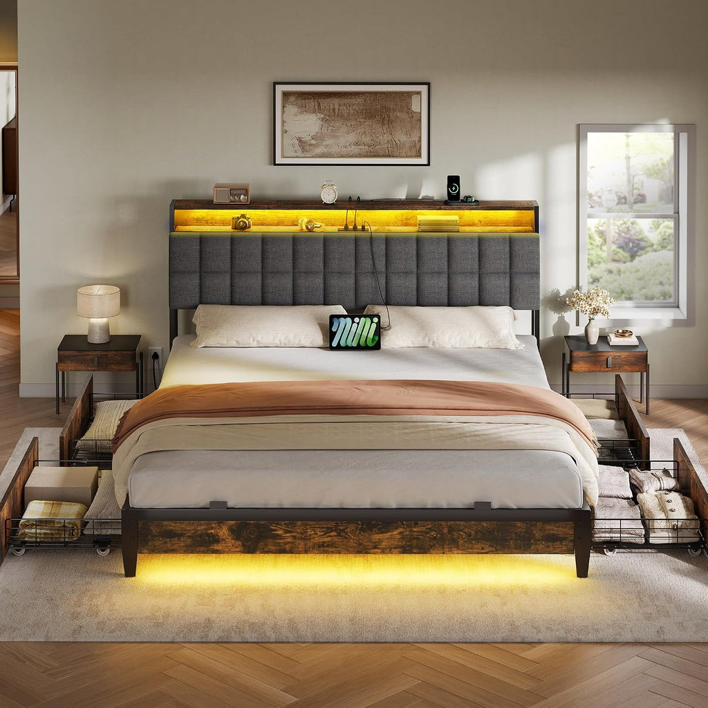 YITAHOME Queen Size Bed Frame with RGB LED Lights and 4 Drawers, Upholstered Platform Bed with Charging Station and Storage Headboard, No Box Spring Needed, Noise-Free, Fast Assembly, Rustic Brown