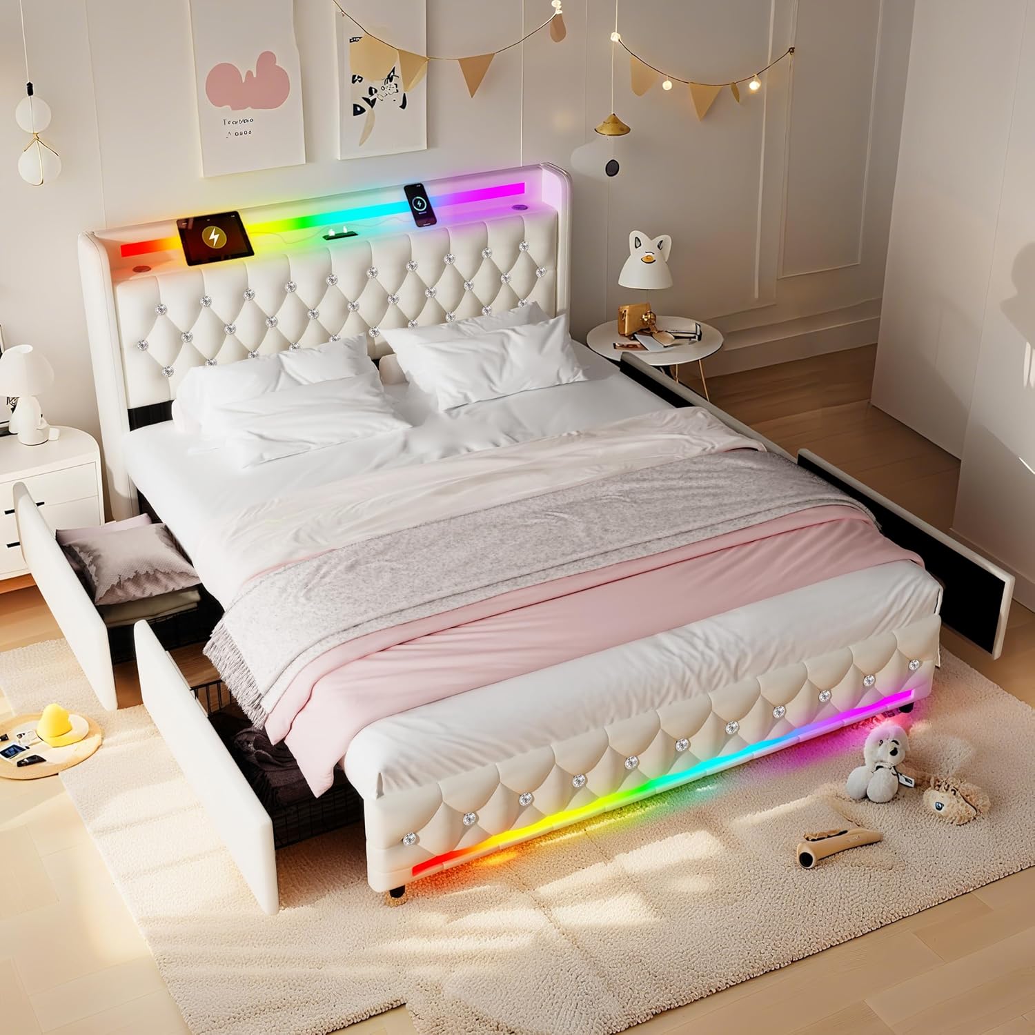 Queen Bed Frame with Bluetooth Speakers,USB & Type-C Charging Station & LED Headboard and Footboard & 4 Drawers Storage,Wooden Slats Support,Velvet Upholstered Bed,Easy Assembly,Beige