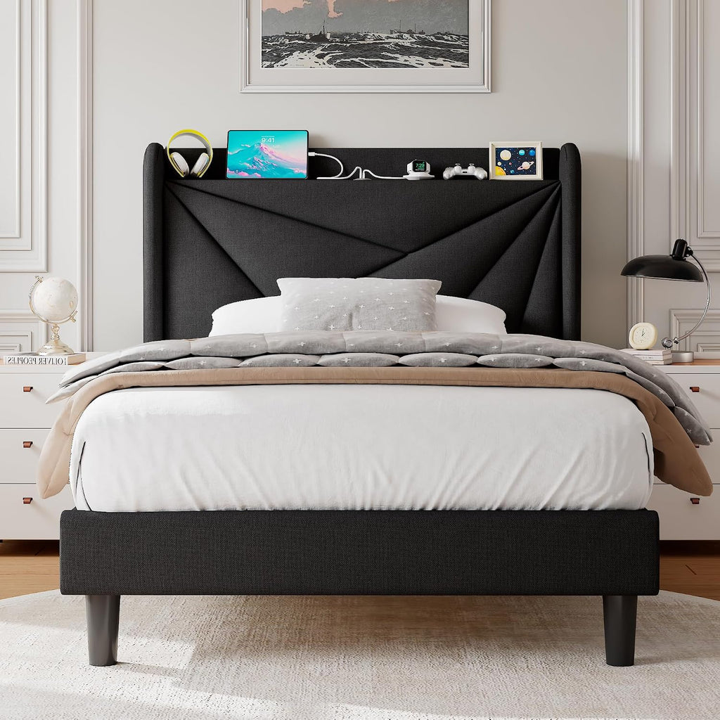 Einhomn Twin Size Upholstered Bed Frame with Charging Station, Platform Bed Frame with Storage Headboard, Solid Wood Slats Support, No Box Spring Needed, Black