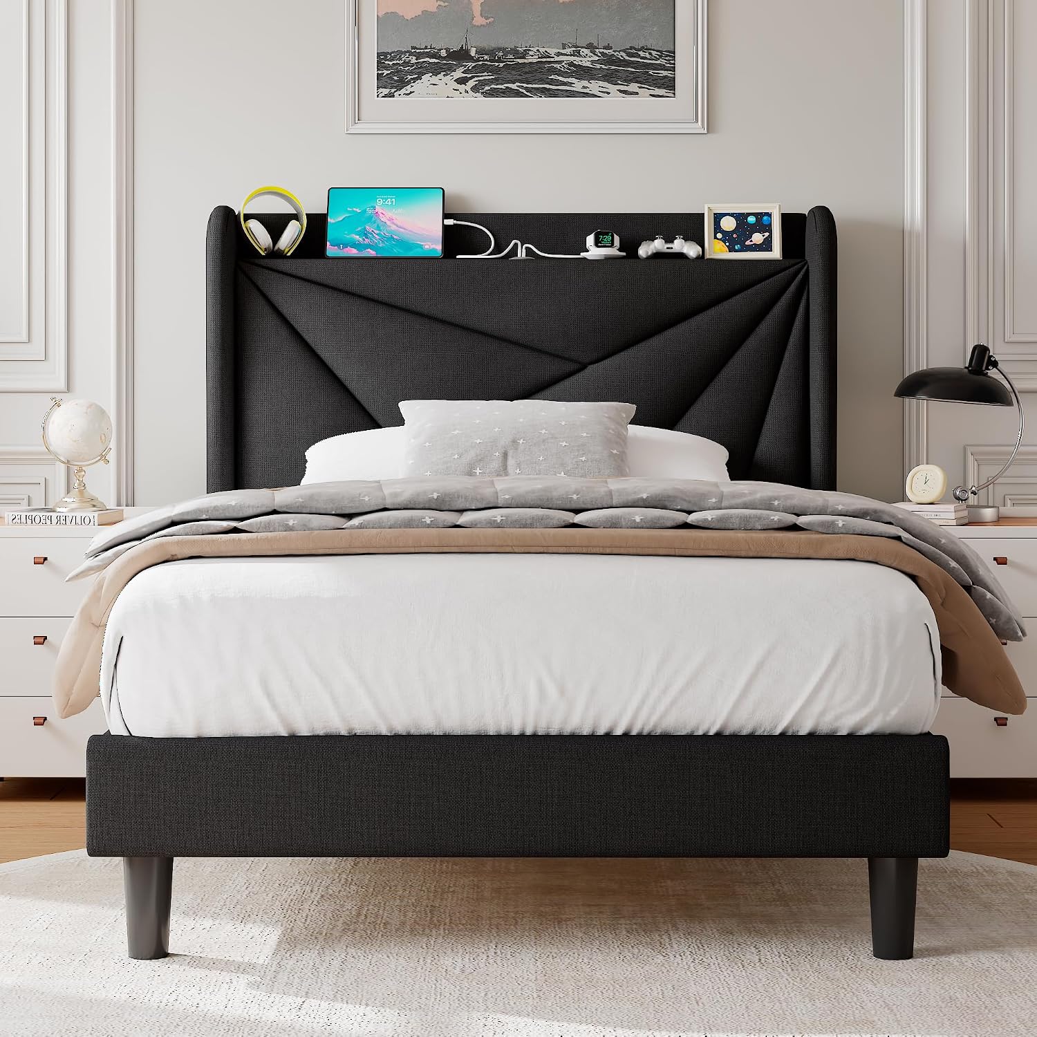 Einhomn Twin Size Upholstered Bed Frame with Charging Station, Platform Bed Frame with Storage Headboard, Solid Wood Slats Support, No Box Spring Needed, Black