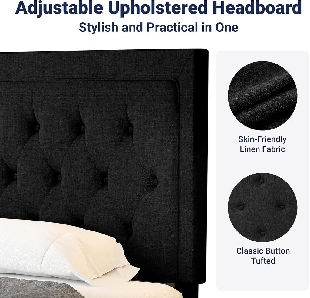 Allewie Full Size Upholstered Platform Bed Frame with Adjustable Headboard, Button Tufted, Wood Slat Support, Easy Assembly, Black