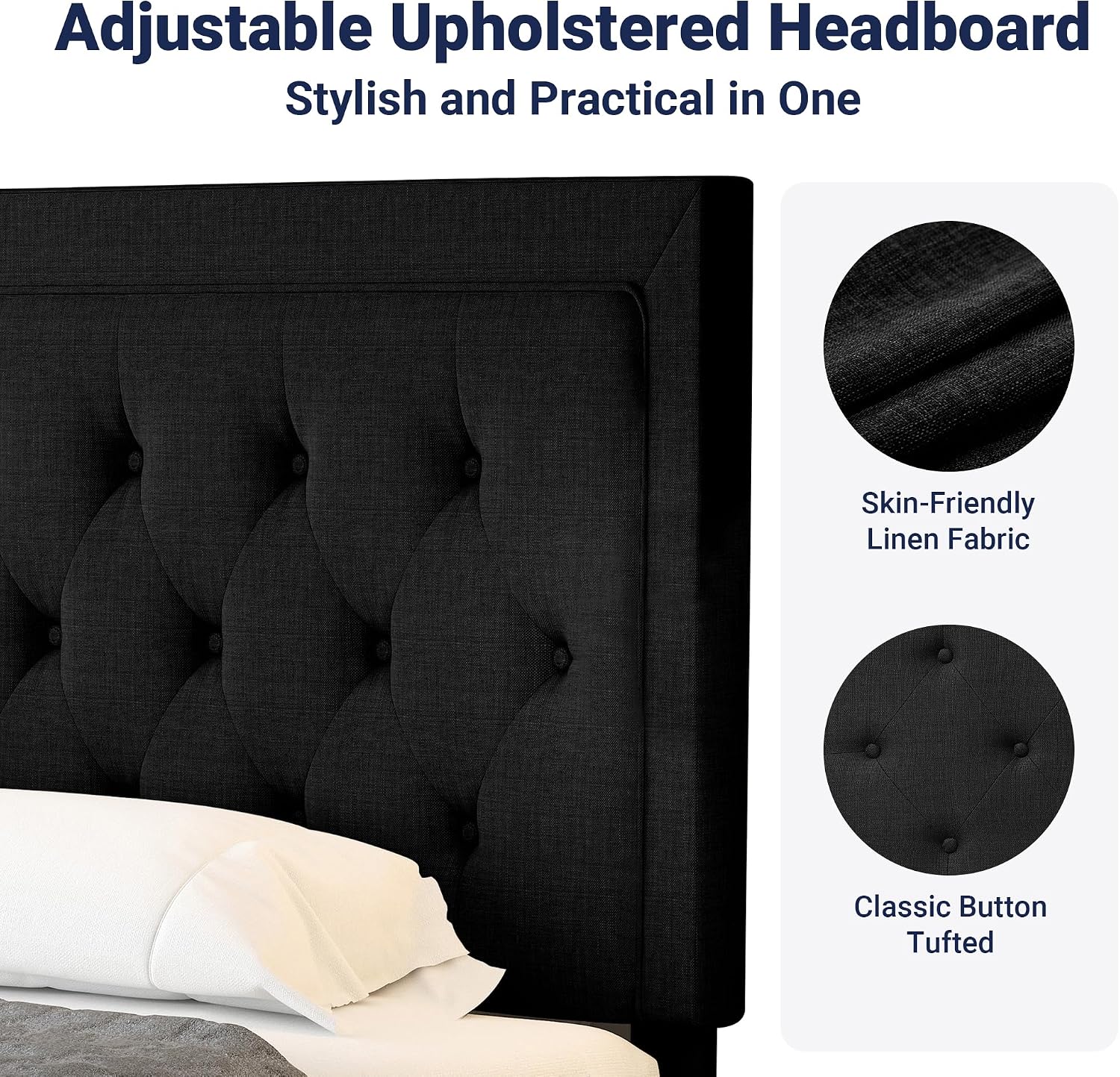 Allewie Queen Size Upholstered Platform Bed Frame with Adjustable Headboard, Button Tufted, Wood Slat Support, Easy Assembly, Black