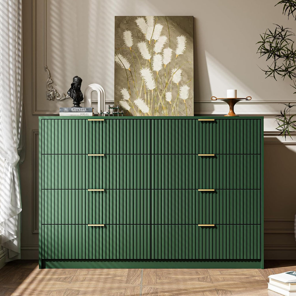 MAISONARIA 3-Piece Dresser Bedroom Set, 8 Drawer Dresser & 3 Drawer Nightstands with Gold Handles, Fluted Wood Chest of Drawers for Bedroom, Living Room, Entryway, Green
