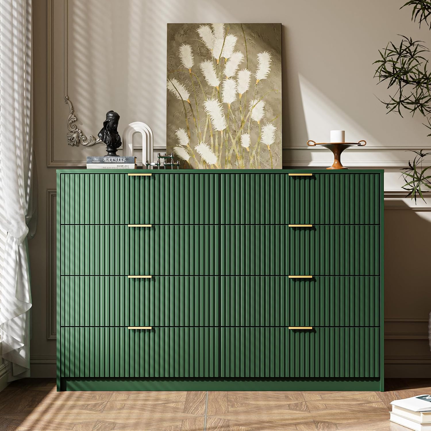 MAISONARIA 3-Piece Dresser Bedroom Set, 8 Drawer Dresser & 3 Drawer Nightstands with Gold Handles, Fluted Wood Chest of Drawers for Bedroom, Living Room, Entryway, Green