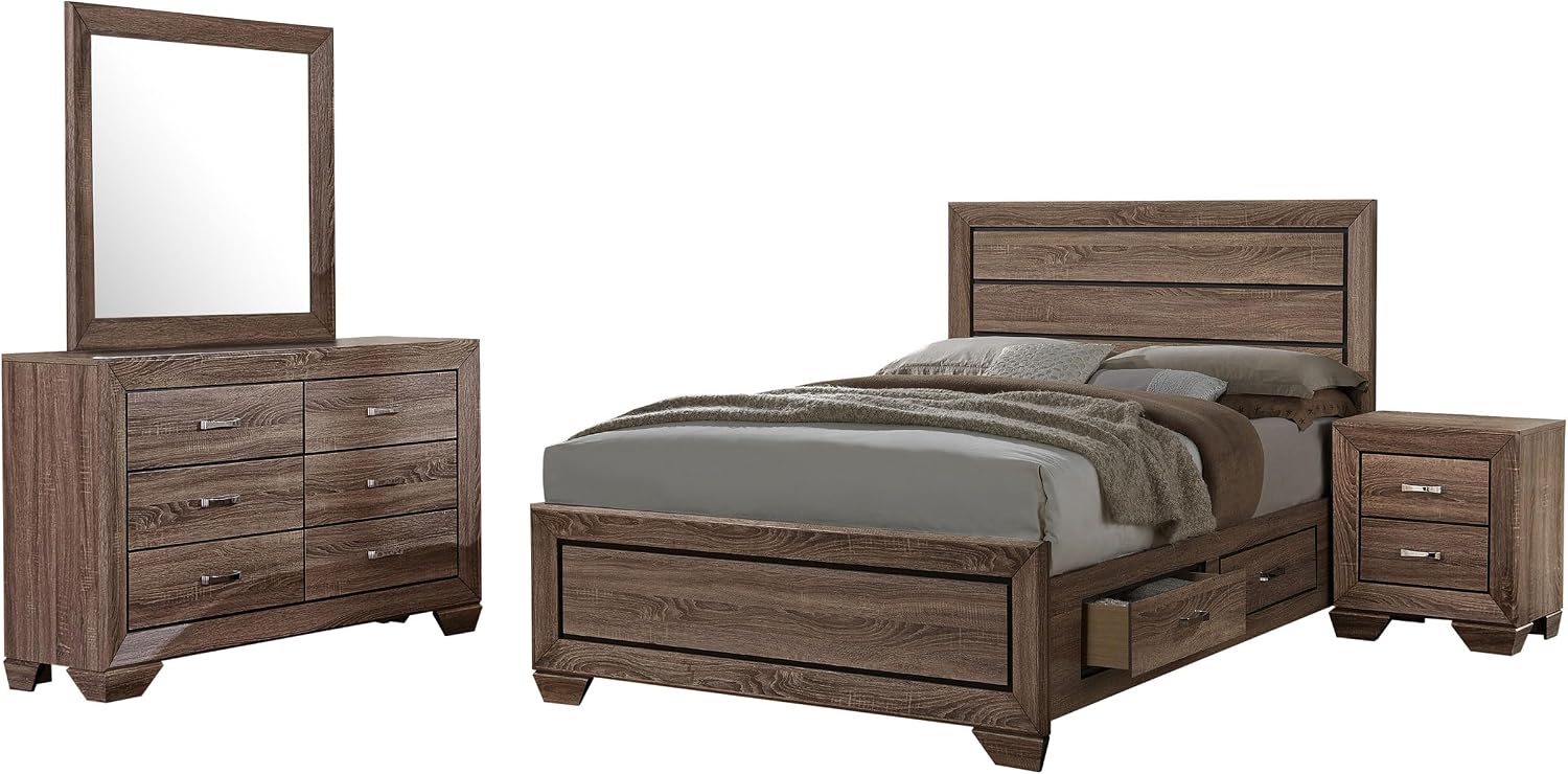 Coaster Home Furnishings Kauffman Transitional 4-Piece Bedroom Set Queen Size Storage Panel Bed Frame 54-inch Headboard Washed Taupe 204190Q-S4