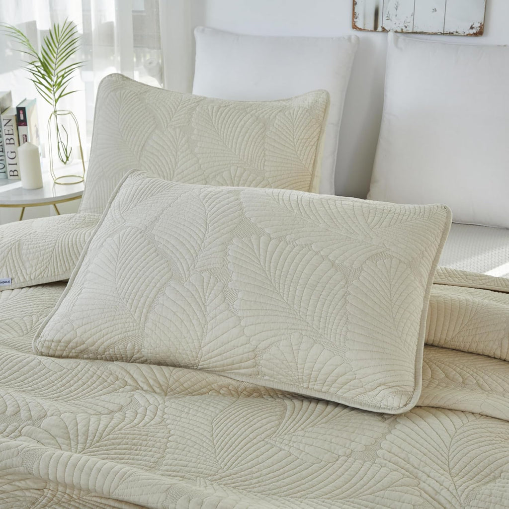 Brandream Beige Palm Stitch Quilt Set 100% Cotton King Size Luxury Embroidered Palm Leaf Bedding, Premium Hand-Stitched Tropical Quilt Set 3-Piece