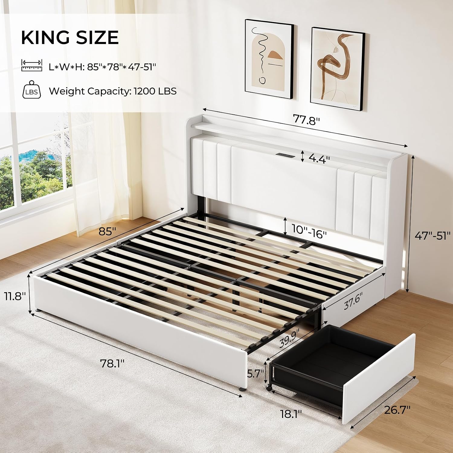 koorlian King Size Bed Frame with Storage, 51'' Tall Headboard Upholstered Platform Bed with 4 Dustproof Drawers, 2-Tier Storage Headboard Wingback, LED Light, Charging Station, Easy Assembly, White