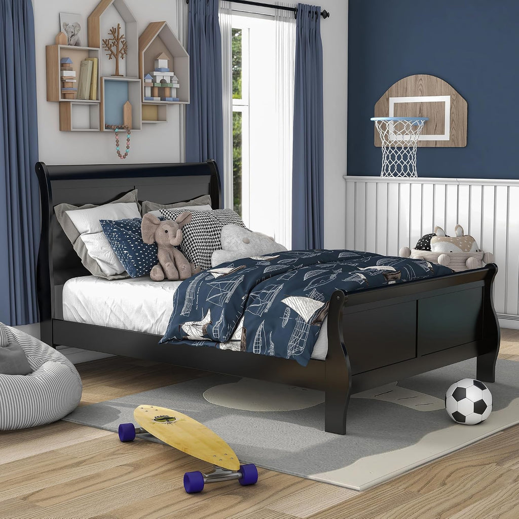 Furniture of America Louis Philippe Traditional Wood Bed Frame with Headboard and Footboard, Elegant Sleigh Design Bedframe for Bedroom, Guest Room, Easy Assembly, Box Spring Required, Full, Black