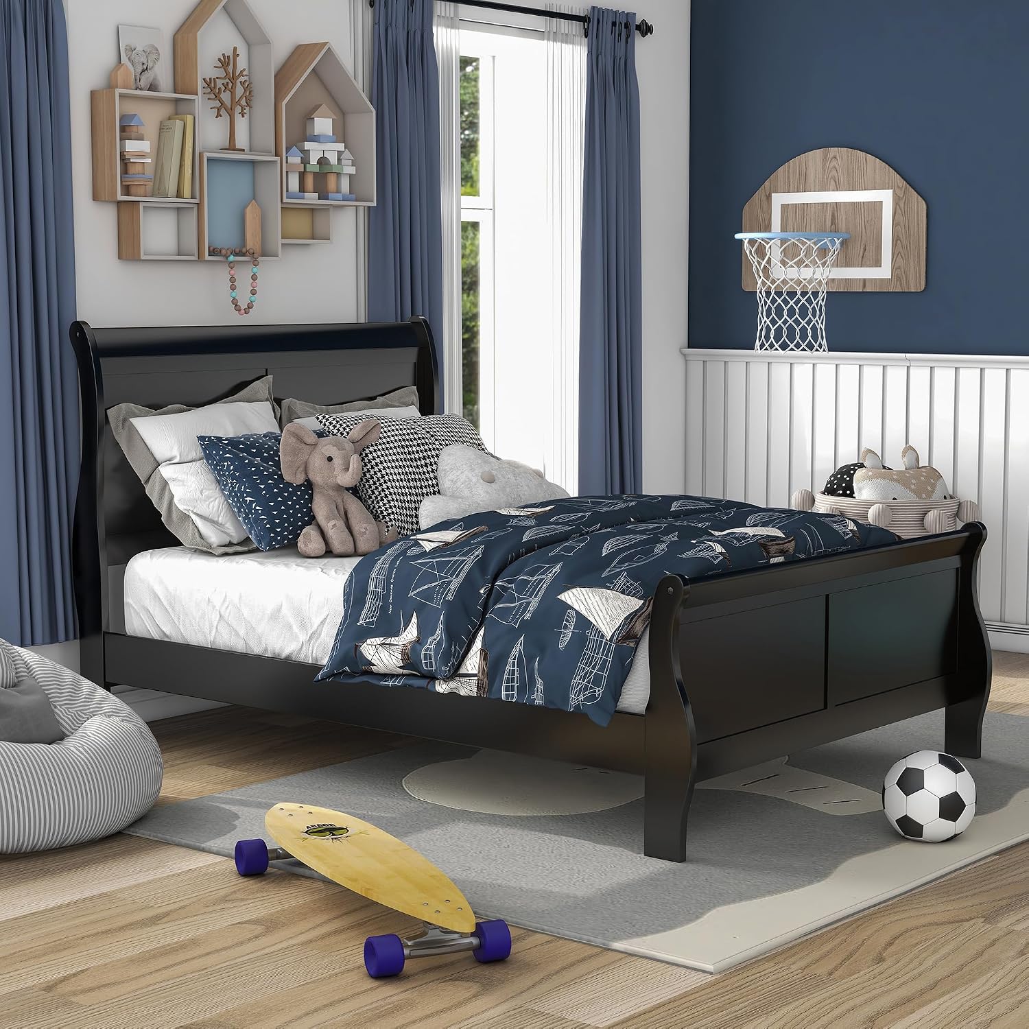 Furniture of America Louis Philippe Traditional Wood Bed Frame with Headboard and Footboard, Elegant Sleigh Design Bedframe for Bedroom, Guest Room, Easy Assembly, Box Spring Required, Full, Black