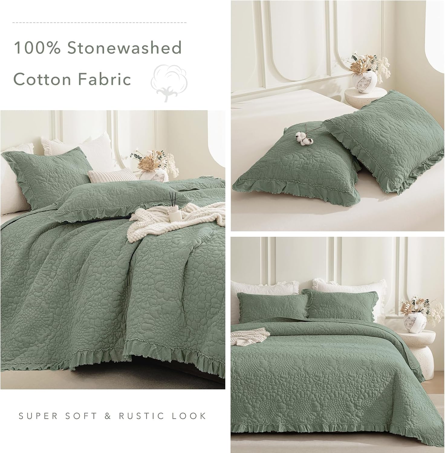 QSH 3PCs Stonewashed Cotton Quilt King (110'x98'),Olive Green Ruffle Quilt King Size Bedding Set,Ultra Lightweight Soft Crinkled Bedspread Coverlet King Shabby Farmhouse Chic Bedding for All Seasons