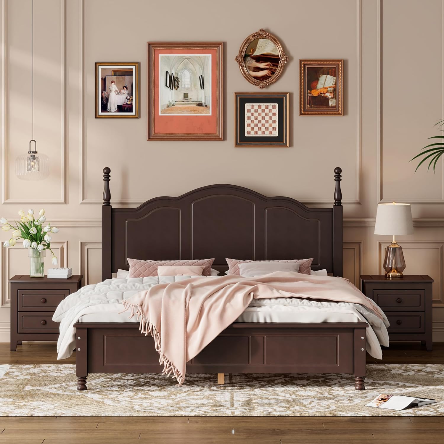 3-Pieces Bedroom Sets, Retro Style Queen Size Platform Bed with Wooden Slat Support and Headboard, Wooden Bedroom Furniture Set with 2 Nightstands for Kids Teens Adults Bedroom (Walnut + Wood 063)