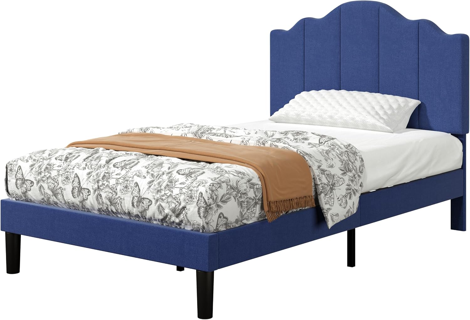 VECELO Twin Size Upholstered Platform Bed Frame with Adjustable Headboard, Wood Slat Support and Noise-Free, No Box Spring Needed, Easy Assembly, Dark Blue
