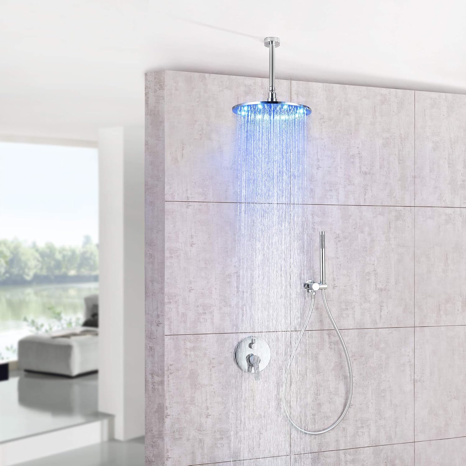 LED Shower Faucet Set Complete Two-Way Bathtub Combo withy Spray, Bathroom 12 Inch Ceiling Round Rain Shower Fixture with Handheld Kit