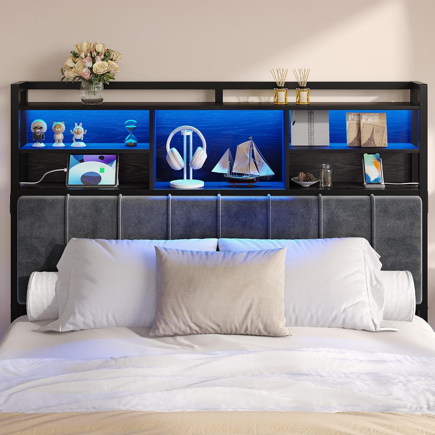 Hzuaneri Headboard with 3-Tier Storage Shelves, Velvet Upholstered Head Board with 2 Outlets, USB Ports & LED Light, Soft Backrest for Queen Size Bed, Black BH15204B