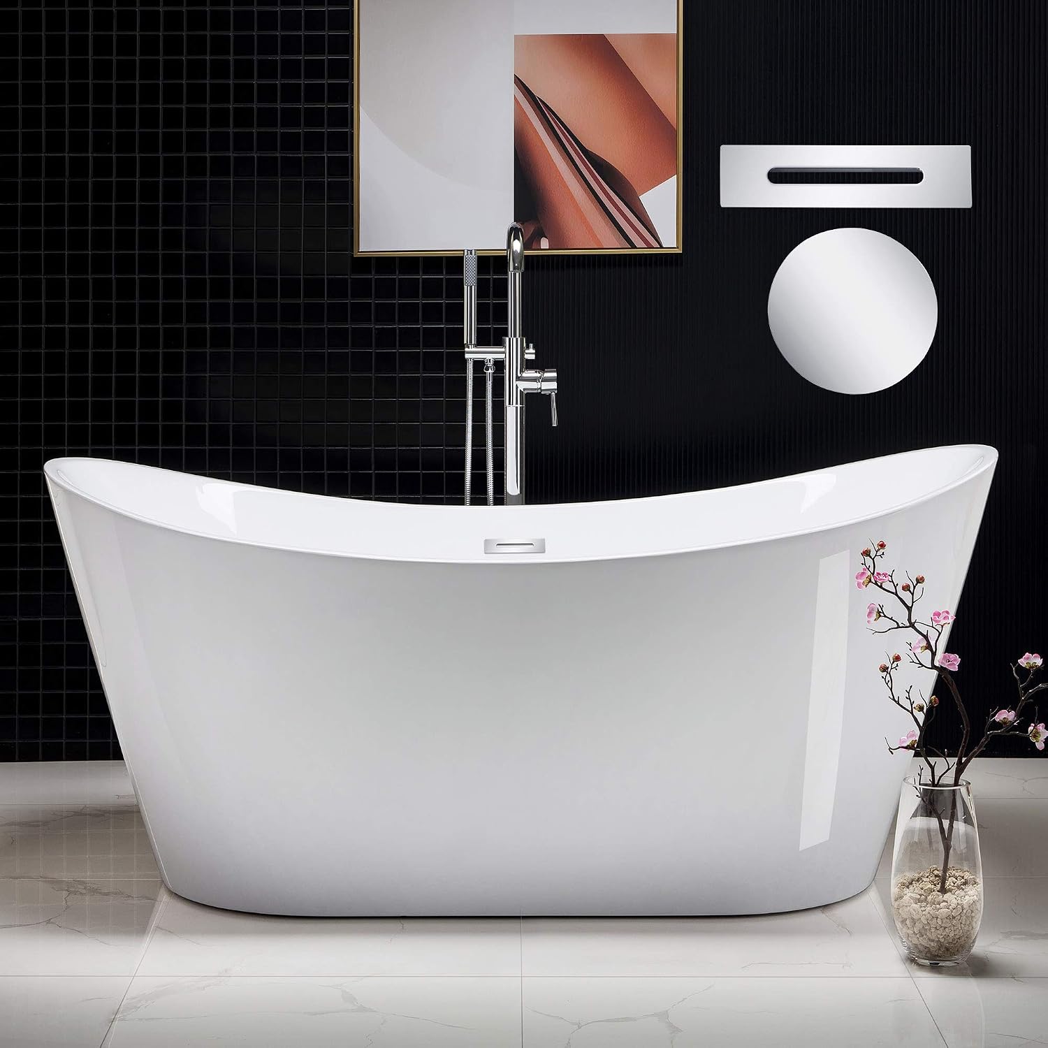 WOODBRIDGE 67' Acrylic Freestanding Bathtub Contemporary Soaking White Tub with Chrome Overflow and Drain，BTA1515-C